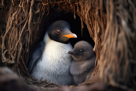 a penguin huddling its chick for warmth, created with generative aiの素材