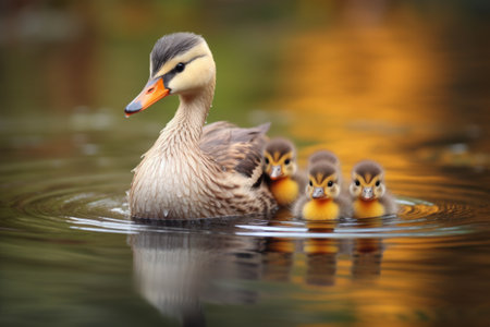 a mother duck with ducklings following her in water, created with generative aiの素材