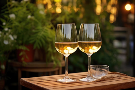 two wine glasses filled with white wine, outdoor setting, created with generative aiの素材