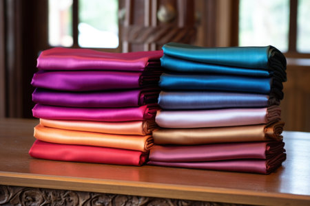 thai silk scarves neatly folded on a table, created with generative aiの素材