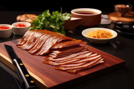 peking duck sliced with a sharp knife, created with generative aiの素材