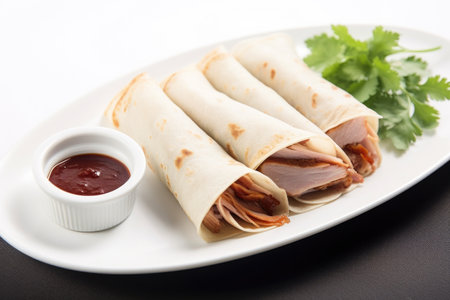 crispy peking duck on a white plate, created with generative aiの素材