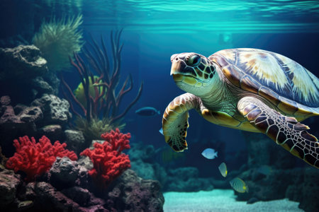 a fish and a turtle inside the same aquarium, created with generative aiの素材
