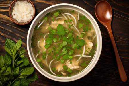 top view of a bowl pho with a spoonful of broth raised, created with generative aiの素材