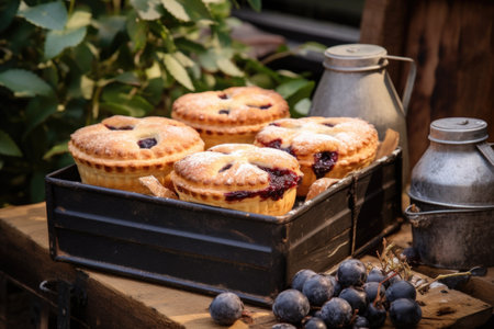 close-up of homemade pies atop a wooden crate outdoors, created with generative aiの素材