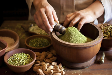 hand grinding pistachios in a mortar, created with generative aiの素材