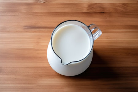 top view of a milk pitcher on a kitchen countertop, created with generative aiの素材