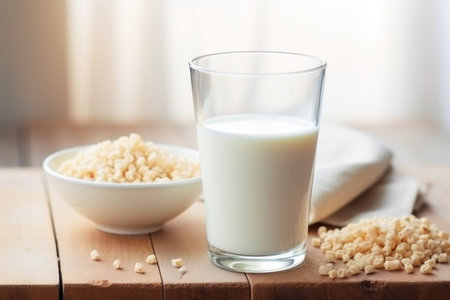 glass of milk next to cereal bowl on a breakfast table, created with generative aiの素材