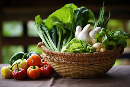 organic farmers market produce in a handwoven basket, created with generative aiの素材