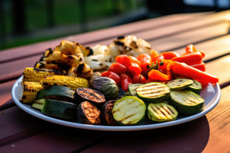 grilled mixed veggies on a disposable plate for bbq, created with generative aiの素材