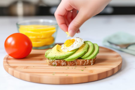 hand squeezing lemon on poached egg spread on avocado toast, created with generative aiの素材
