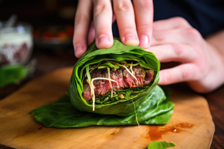 hand wrapping grilled burger in a lettuce leaf, created with generative aiの素材