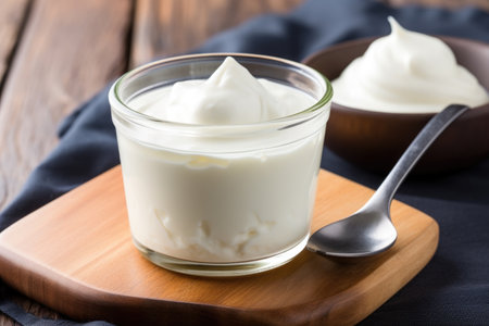 a cup of yogurt beside a spoon, created with generative aiの素材