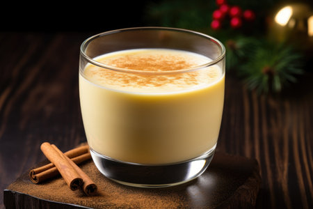 warm eggnog topped with a dash of nutmeg in a glass, created with generative aiの素材