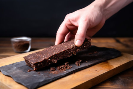 hand a chocolate protein bar on a bamboo board, created with generative aiの素材