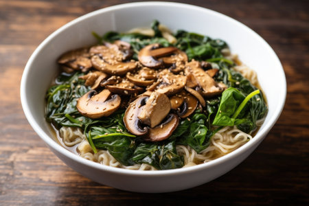 bowl of ramen with umami mushrooms and spinach, created with generative aiの素材