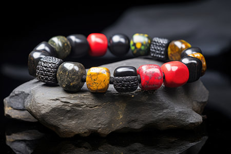 bracelet with bright beads contrasted against a dark basalt rock, created with generative aiの素材