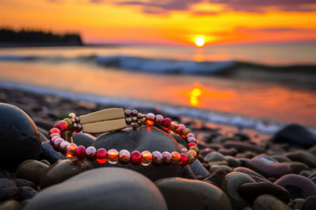 beaded bracelet on a sandy beach stone at sunset, created with generative aiの素材