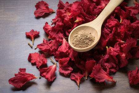 dry hibiscus petals in a wooden spoon on a burlap background, created with generative aiの素材