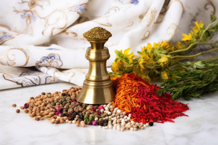 a brass mortar and pestle surrounded by colorful spices on a white table, created with generative aiの素材