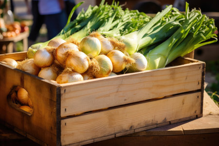 freshly harvested onions in a wooden crate at a farmers market, created with generative aiの素材