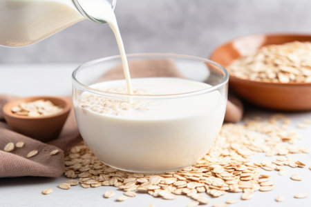 almond milk pouring into a bowl of oatmeal, created with generative aiの素材