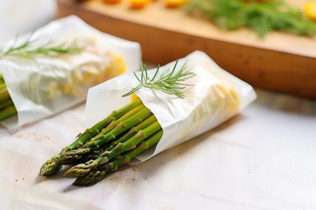 baked asparagus tips poking out of a white paper bag, created with generative aiの素材