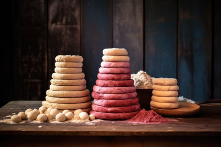 stacked rounds of raw cake dough on a wooden table, created with generative aiの素材