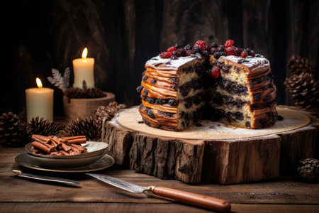 a christmas cake on a rustic wooden board, created with generative aiの素材