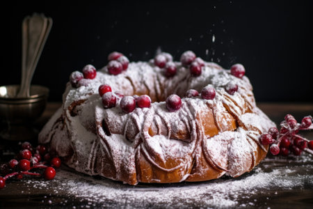 a cherry-filled pastry wreath dusted with powdered sugar, created with generative aiの素材