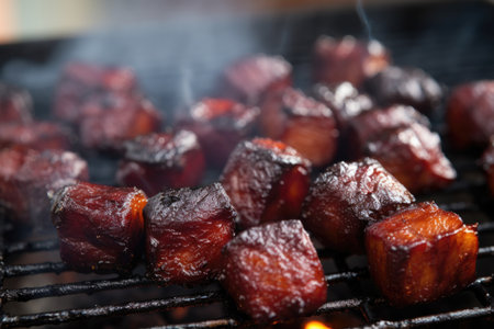 close-up of smoked bbq burnt ends on a grill, created with generative aiの素材