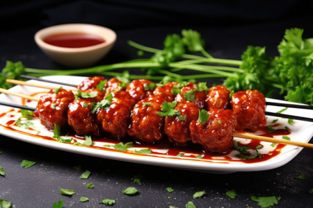 bbq meatball skewers garnished with fresh parsley, created with generative aiの素材