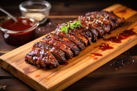 bbq baby back ribs with sauce on a wooden board, created with generative aiの素材