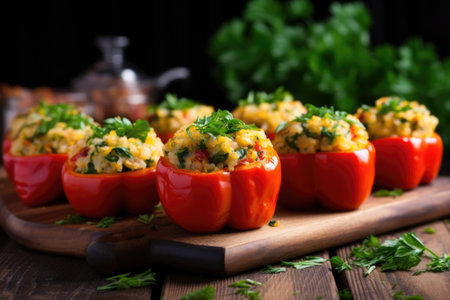 spiced stuffed bell peppers placed on a rustic wooden table, created with generative aiの素材
