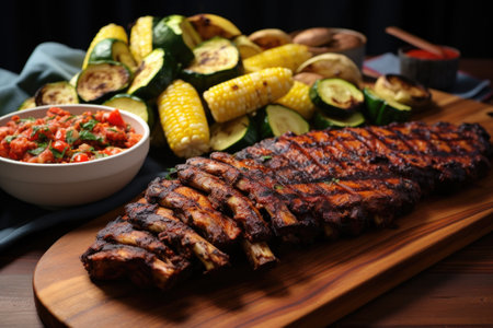 tempeh bbq ribs with grilled vegetables on the side, created with generative aiの素材