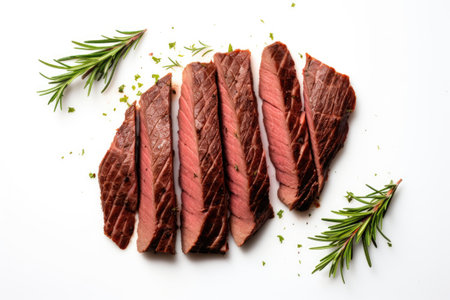 overhead shot of beef brisket slices on a minimalist flat background, created with generative aiの素材