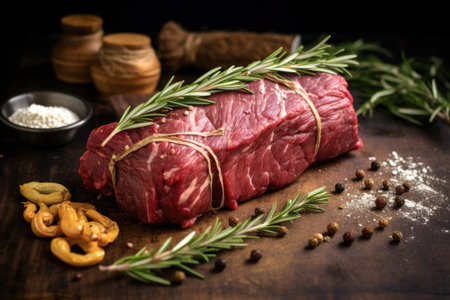 uncooked beef roast seasoned with fresh garlic and rosemary twigs, created with generative aiの素材