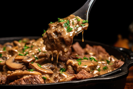 close-up shot of a spoonful of beef stroganoff showing the beef, mushrooms, and creamy gravy, created with generative aiの素材