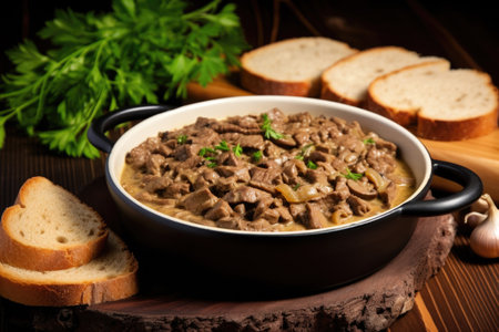 beef stroganoff dish with slice of bread on the side, created with generative aiの素材