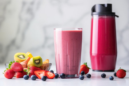 berry smoothie in a tumbler glass alongside a modern white blender, created with generative aiの素材