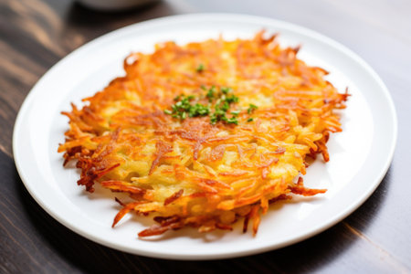 a crispy hash brown on a clean white plate, created with generative aiの素材