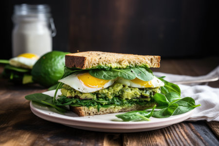 a breakfast sandwich with avocado, spinach, and egg on a rustic table, created with generative aiの素材