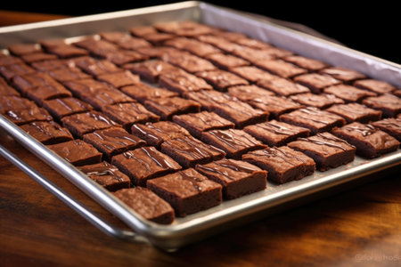rows of fresh brownies cooling on a baking tray, created with generative aiの素材