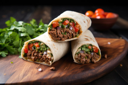 spicy beef burrito garnished with fresh cilantro, created with generative aiの素材