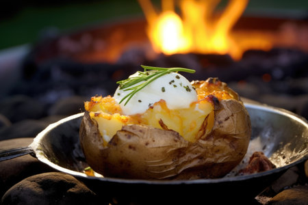 close up of baked potato with melted butter near fire pit, created with generative aiの素材