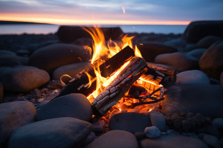 close-up of a glowing campfire surrounded by a ring of rocks at twilight, created with generative aiの素材