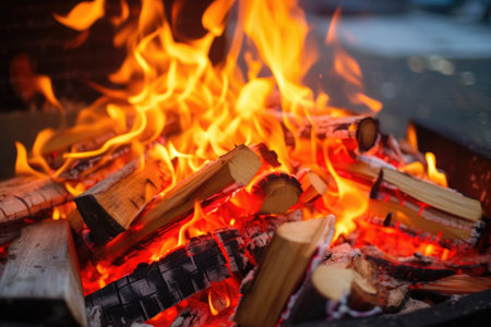 close-up of red and orange flames dancing over firewood, created with generative aiの素材