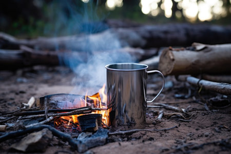 shiny aluminum mug resting next to a campfire on dirt, created with generative aiの素材