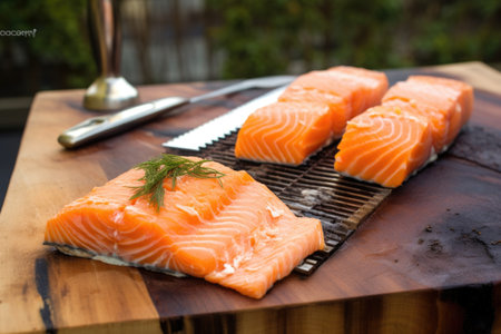 raw salmon fillet on cedar plank next to spatula and grill, created with generative aiの素材