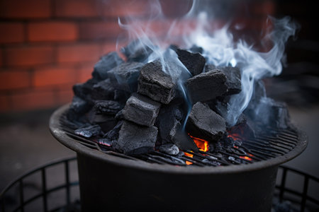charcoals lit in a chimney starter placed on a brick surface, created with generative aiの素材